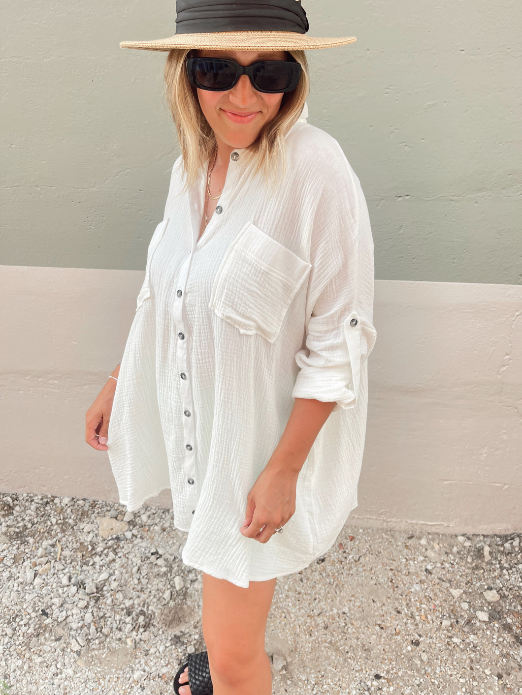 Poolside Please Oversized Button Down - White