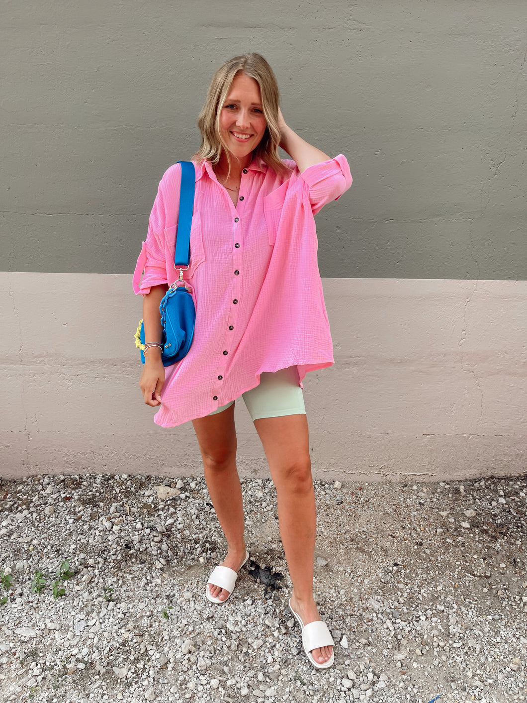 Poolside Please Oversized Button Down - Pink